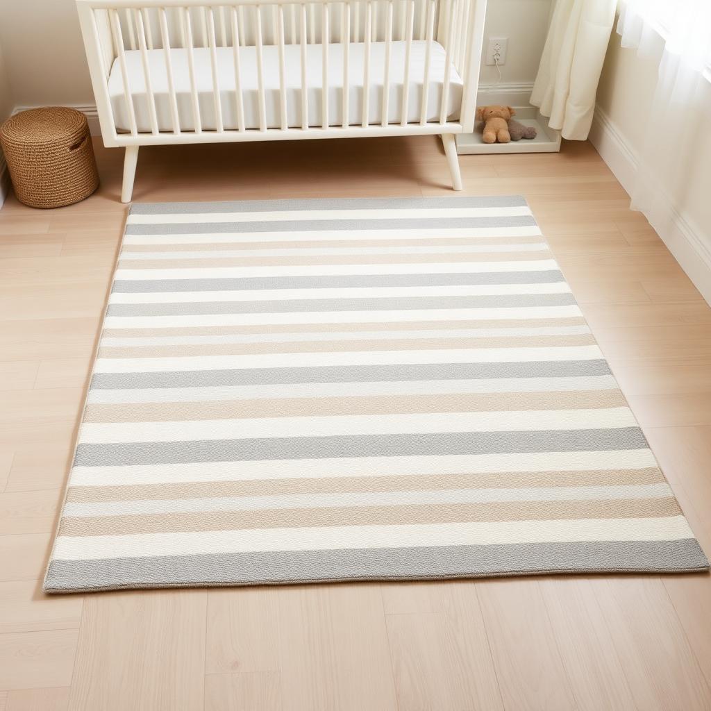 Heirloom Stripe washable nursery rug in Oat, styled in a child's room