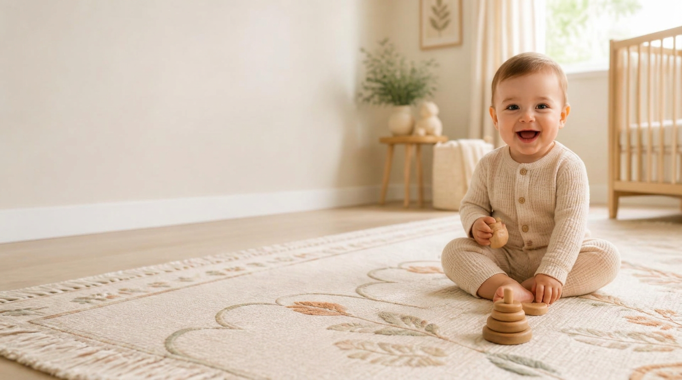 A smiling baby sitting on a cream Gatsby Baby rug in a bright, airy nursery